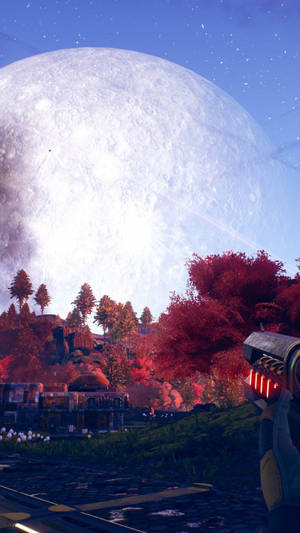 外星景觀，紅色樹木和未來主義建築在巨型月亮下。