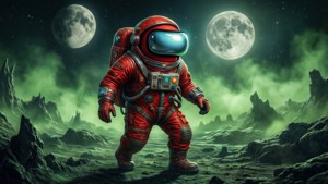 穿著紅色太空衣的太空人探索擁有兩個月亮和綠色天空的外星行星。