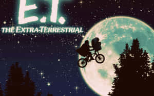 男孩騎單車載著外星乘客，在夜間飛越森林，靠近巨大月亮。