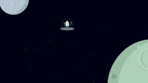 一個綠色卡通外星人乘坐飛碟在太空中的兩個月亮之間。