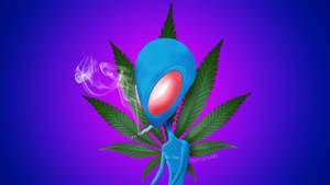 藍色外星人在紫色背景上抽大麻煙，旁邊有大麻葉。