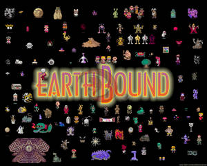 EarthBound 遊戲角色精靈以像素藝術風格圍繞標題標誌排列。