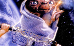 E.T. 外星人在購物車中漂浮於太空，背景有地球。