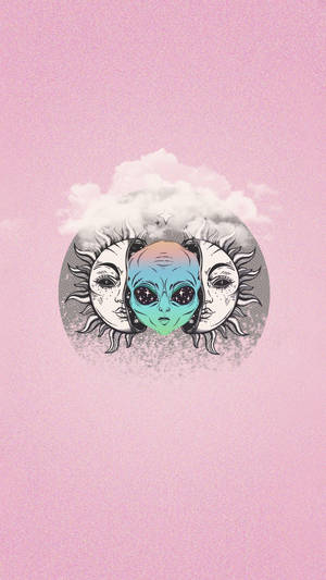 粉紅色背景上，太陽和月亮面孔之間帶有星星眼睛的外星人