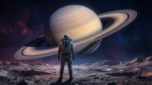外星行星上的太空人看著帶有光環的土星在星空