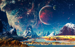 在星空下，帶有紅色行星和發光星雲的外星雪山。