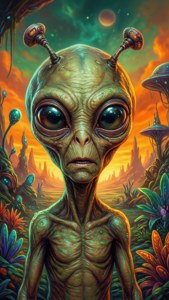 一個綠色皮膚、大眼睛的外星人站在日落時分充滿活力的外星叢林中。 — 困惑 壁紙