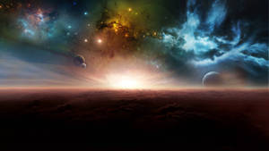 宇宙日出時的外星景觀，色彩繽紛的星雲和漂浮的行星。 — 行星 壁紙