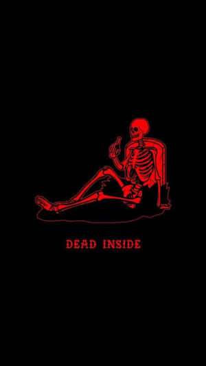 紅色發光骷髏坐在椅子上手持香煙，黑色背景上有 dead inside 文字