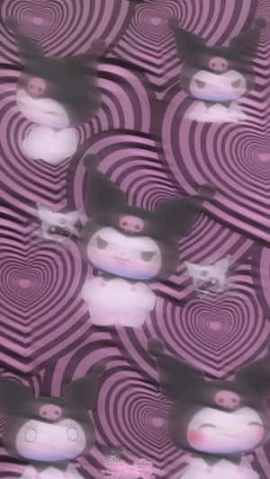 Kuromi角色在帶有發光效果的紫色螺旋心形背景上。 — 湖 壁紙