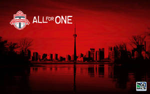 泛紅的多倫多天際線，CN塔倒映在水中，並帶有「ALL FOR ONE」文字。