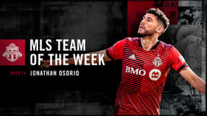 身穿紅色球衣的足球運動員 Jonathan Osorio 慶祝 MLS 本週最佳陣容。 — 足球 壁紙