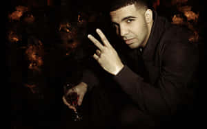 Drake 在昏暗的環境中手持一杯酒並比出和平手勢。