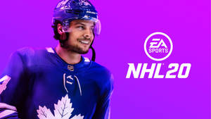 冰球運動員身穿多倫多楓葉隊球衣，在紫色背景上微笑，帶有NHL 20和EA Sports標誌。 — 冰球 壁紙