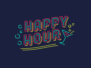 深藍色背景上帶有雞尾酒杯和氣泡的Happy Hour霓虹招牌。