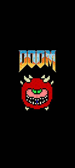 像素藝術DOOM標誌，黑色背景上紅色惡魔面孔