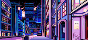 夜晚霓虹燈照亮城市小巷，發光的窗戶和像素化建築。 — 美學圖案 壁紙