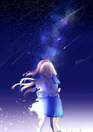 粉紅色頭髮的動漫女孩在繁星點點的夜空中觀看流星。 — 靚靚動畫 壁紙