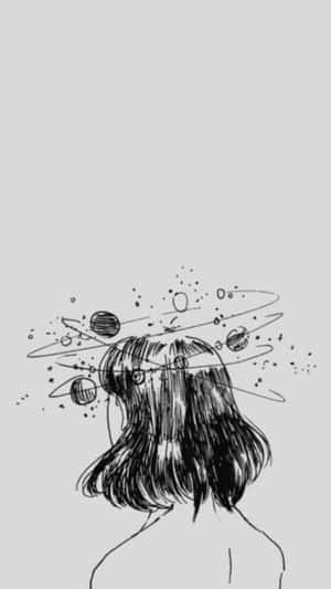 短髮的人頭頂上有旋轉的行星和星星星系。
