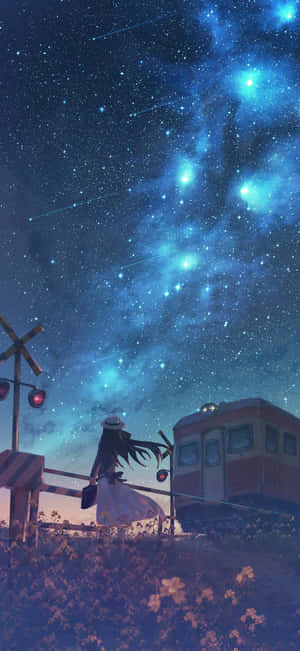 白色連衣裙女孩在火車平交道，星空下帶發光星雲 — Xiaomi 14 Ultra 壁紙