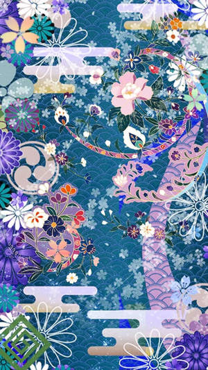 日式花卉圖案插畫，藍色波浪背景上旋轉的花朵 — 圖案 壁紙