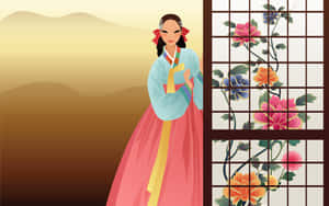 身穿傳統韓國韓服的女士站在花卉格子屏風旁