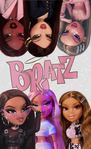 六個Bratz娃娃，妝容大膽，衣著時尚，圍繞著粉紅色Bratz標誌。