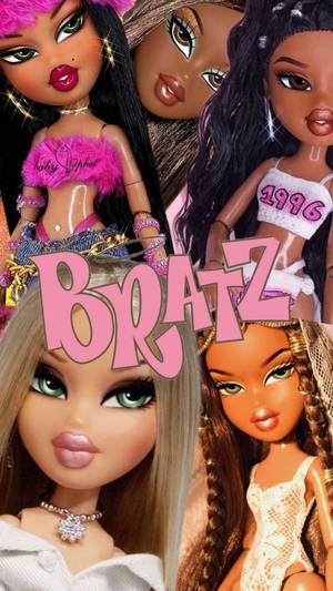 四個 Bratz 公仔，化著大膽妝容，穿著時尚服飾。 — 娃娃屋 壁紙