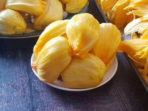 新鮮菠蘿蜜塊放在深色木桌上的白色碟子上。