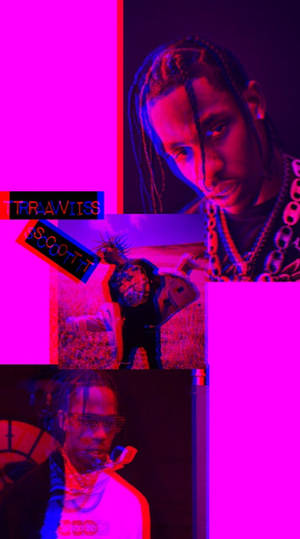 Travis Scott 拼貼畫，帶有霓虹粉紅和紫色燈光及塗鴉文字。