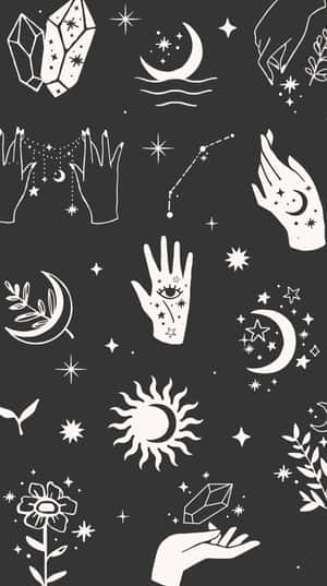 深灰色背景上的白色神秘符號，包括手、月亮、星星和水晶。 — 黑白 壁紙