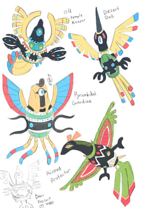 四隻插圖幻想生物，標籤包括 Desert Doll 和 Pyramidal Guardian。
