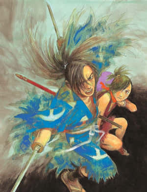 藍色和服的動漫戰士持劍衝鋒，孩子蹲在後面。