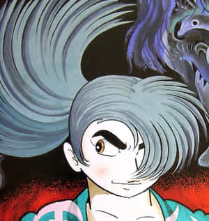 灰色頭髮的動漫女孩在黑暗旋轉的場景中面對一隻巨大的藍色怪物。 — Galaxy Z Flip7 FE 壁紙