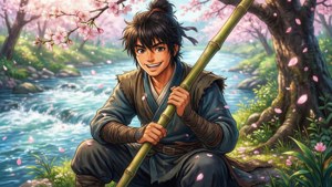 動畫男孩在櫻花下河邊微笑，拿著竹竿 — 多羅羅 壁紙