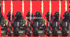 戴著防毒面具的士兵手持武器，站在帶有黃色條紋的紅色背景前。