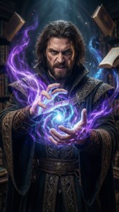 一位巫師在漂浮書籍環繞的圖書館中引導發光魔法。