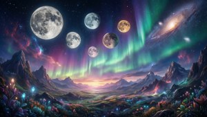 幻想外星山谷，發光植物和多個月亮在多彩極光天空。