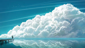 一個人在碼頭上看著倒映在平靜水中的雲。 — 天氣 壁紙