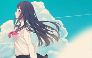 穿著校服、長黑髮粉紅蝴蝶結的動漫女孩，在藍天白雲下。