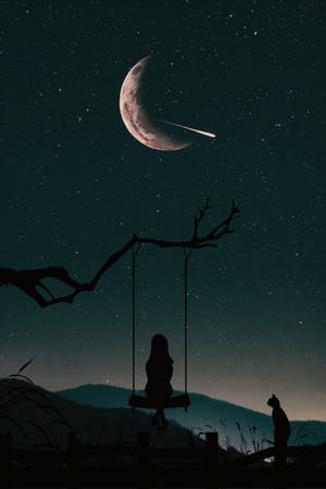 一個人在鞦韆上的剪影，旁邊有一隻貓，背景是新月和流星。 — 夜空 壁紙