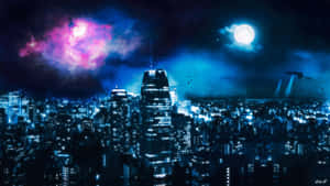 未來城市天際線夜景，上方有發光的月亮和粉紅色星雲。 — 夜景城市 壁紙