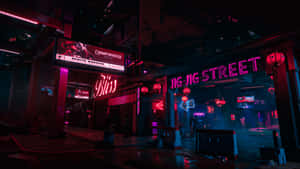 夜晚霓虹燈照亮 cyberpunk 街道，有發光的招牌和紅色燈籠。