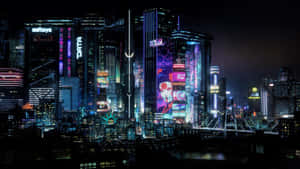 未來主義的城市天際線夜景，閃爍的摩天大樓和全息廣告。 — 夜景城市 壁紙