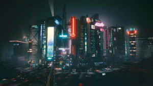 未來主義的夜晚城市，閃爍的霓虹燈標誌和高聳的建築。 — 紐約市夜晚 壁紙