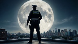 警察在屋頂上觀看城市在巨型月亮下