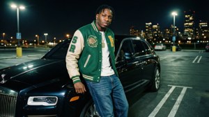 身穿Varsity外套的男子在夜晚的城市停車場靠著豪華汽車。 — Polo g GIF 壁紙