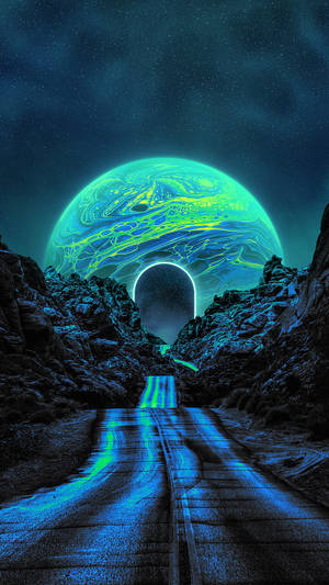 一條發光的藍色道路通往旋轉霓虹行星下的宇宙傳送門。