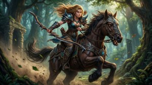 一位女戰士騎著馬，手持弓和劍，在暮色中的神秘森林裡。