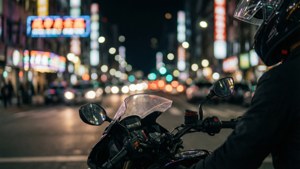 戴頭盔的電單車手在夜晚騎電單車，背景有霓虹燈